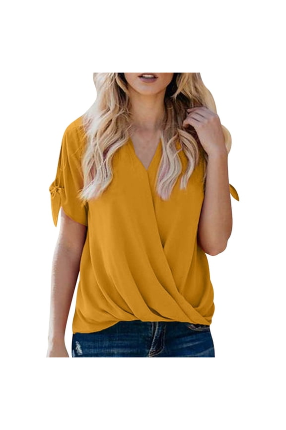 Women's Tops Summer Trendy V Neck Twist Front Short Sleeve Shirts Casual Loose Comfort Breathable Blouses (S, Yellow)