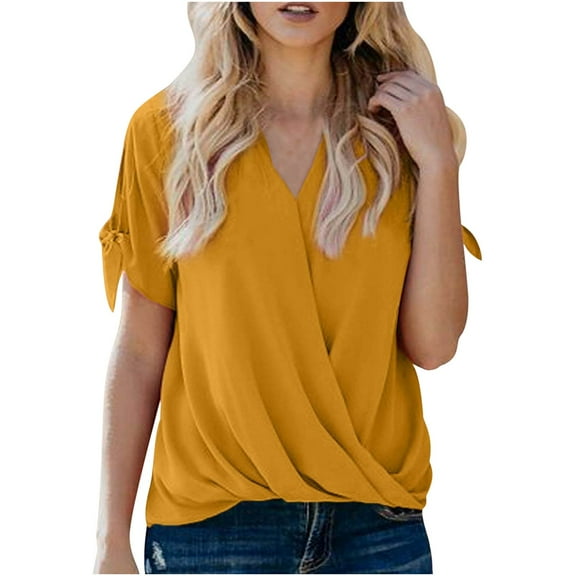 Women's Tops Summer Trendy V Neck Twist Front Short Sleeve Shirts Casual Loose Comfort Breathable Blouses (XL, Yellow)