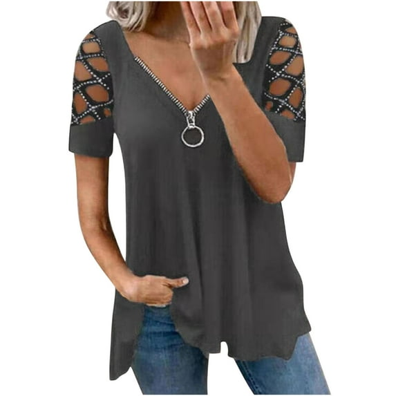 Women's Tops Summer Trendy Zip V Neck Pleated Sequin Eyelet Short Sleeve Shirts Flowy Breathable Blouses (2XL, Gray)