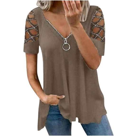 Women's Tops Summer Trendy Zip V Neck Pleated Sequin Eyelet Short Sleeve Shirts Flowy Breathable Blouses (5XL, Khaki)