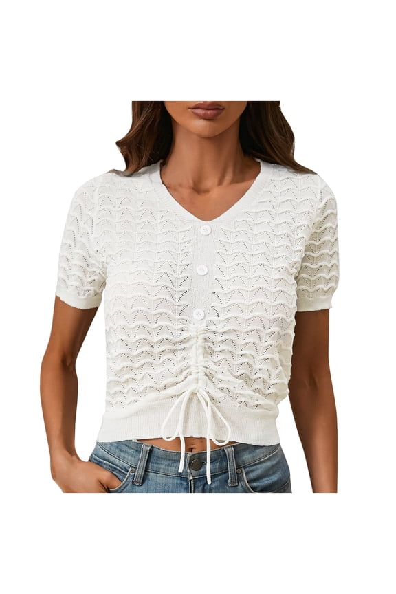 Women's Tops Summer V Neck Button Drawstring Front Short Puff Sleeve Shirts Casual Comfortable Blouses (XL, White)