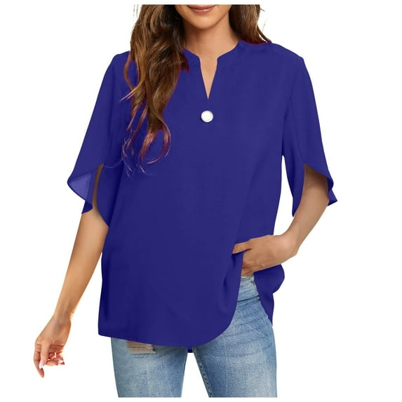 Women's Tops Summer V Neck Button Petal Half Sleeve Loose Flowy Shirts Trendy Casual Comfortable Blouses (L, Blue)