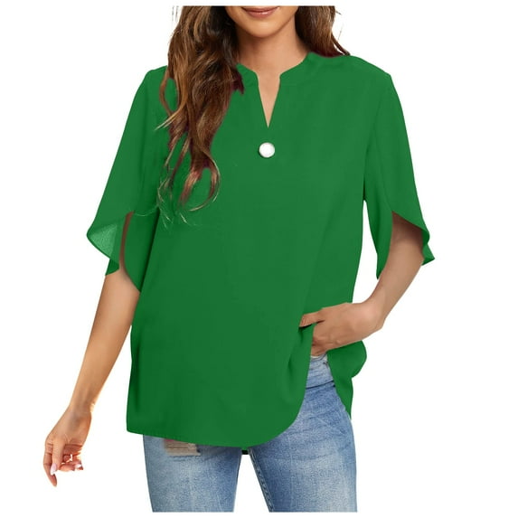 Women's Tops Summer V Neck Button Petal Half Sleeve Loose Flowy Shirts Trendy Casual Comfortable Blouses (XL, Green)