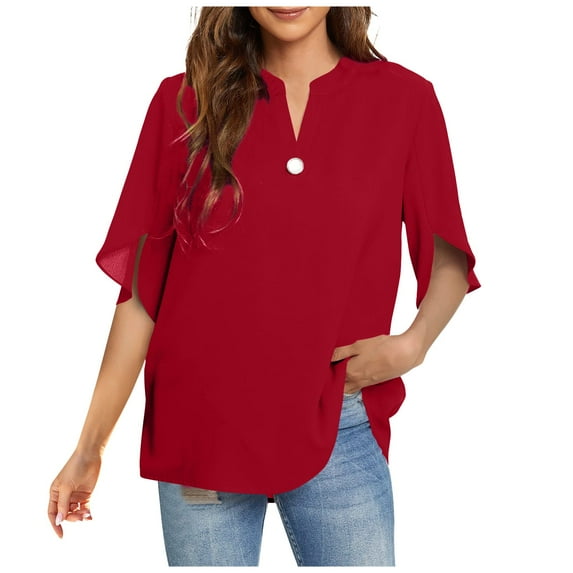 Women's Tops Summer V Neck Button Petal Half Sleeve Loose Flowy Shirts Trendy Casual Comfortable Blouses (XL, Red)