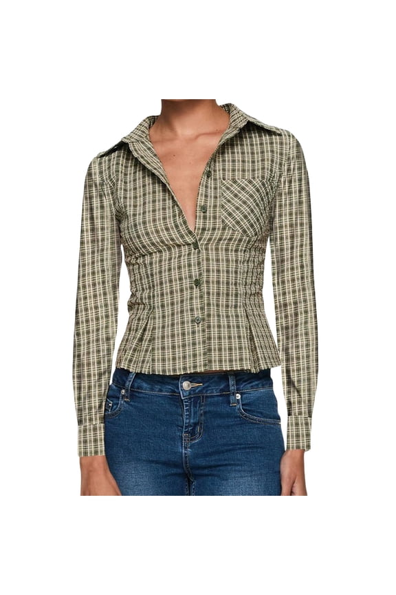 Women's Tops T Shirts Plaid Button Up Long Sleeve Preppy V Neck Collared Blouse Tees