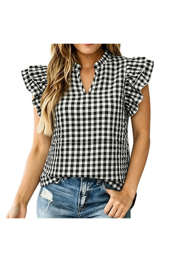 Women's Tops T-Shirts Short Sleeve Blouse with Double Layered Ruffle Trim Cute Floral Lattice Pattern Casual Trendy Shirts