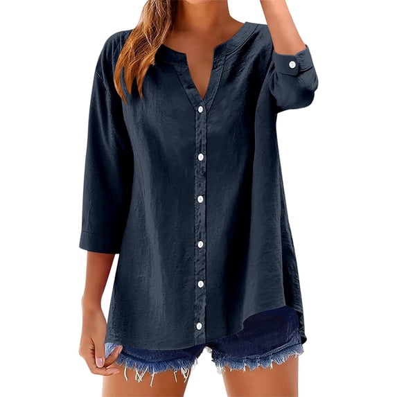 Women's Tops T-Shirts Solid Color Button Down Three Quarter Sleeves Versatile Tees