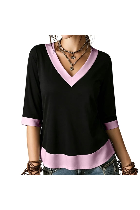 Women's Tops, Tees & Blouses, 3/4 Length Sleeve Tops for Women Dressy Casual V Neck Contrast Color Blouses Plus Size Side Split Curved Hem Shirts