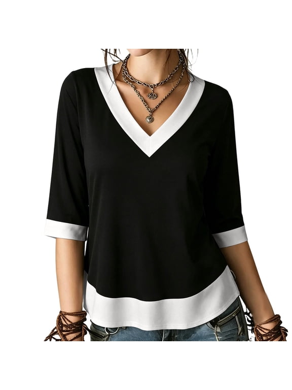 Women's Tops, Tees & Blouses, 3/4 Length Sleeve Tops for Women Dressy Casual V Neck Contrast Color Blouses Plus Size Side Split Curved Hem Shirts