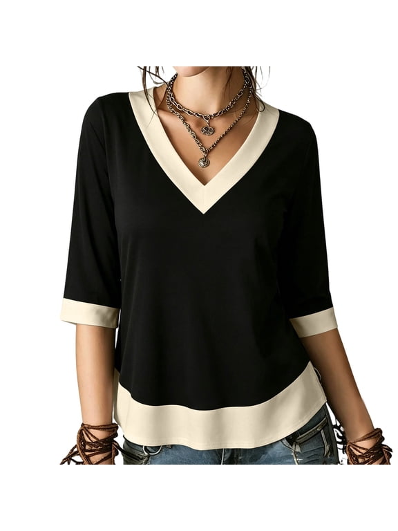 Women's Tops, Tees & Blouses, 3/4 Length Sleeve Tops for Women Dressy Casual V Neck Contrast Color Blouses Plus Size Side Split Curved Hem Shirts