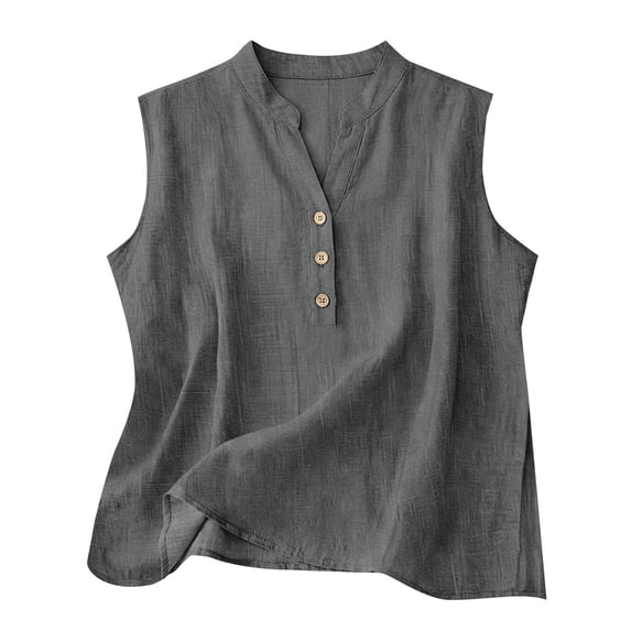 Women's Tops Tees Blouses Button Decor Loose Cotton Linen Summer Sleeveless Shirts Tank Tops for Women