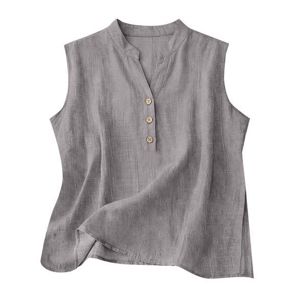 Women's Tops Tees Blouses Button Decor Loose Cotton Linen Summer Sleeveless Shirts Tank Tops for Women