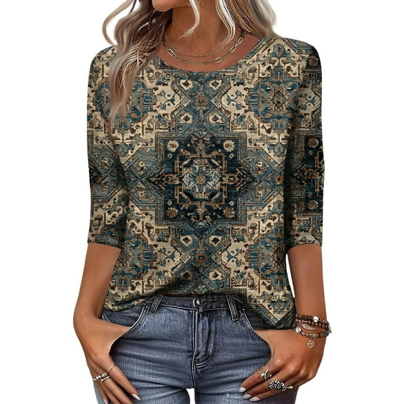 Women's Tops, Tees & Blouses Casual Crew Neck 3/4 Sleeve Tops Featuring Mandala Floral Print Lightweight Relaxed Fit Shirt 01-Army Green L