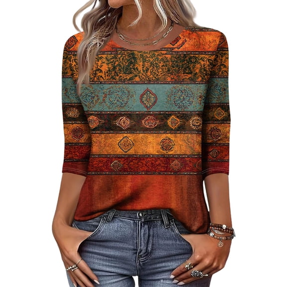 Women's Tops, Tees & Blouses Casual Crew Neck 3/4 Sleeve Tops Featuring Mandala Floral Print Lightweight Relaxed Fit Shirt Ginger XL