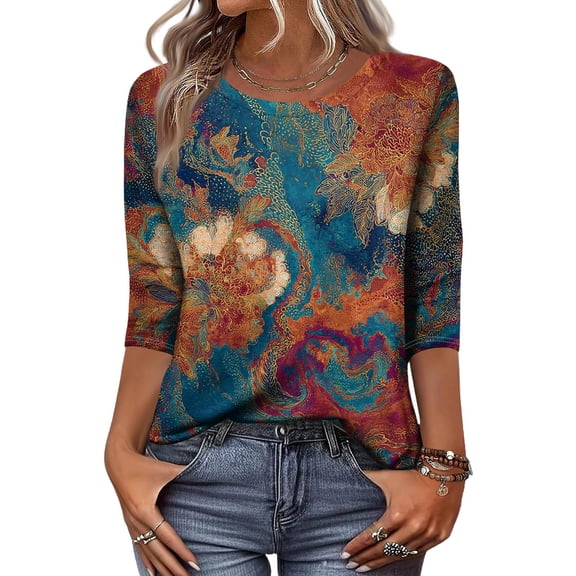 Women's Tops, Tees & Blouses Casual Crew Neck 3/4 Sleeve Tops Featuring Mandala Floral Print Lightweight Relaxed Fit Shirt Orange S
