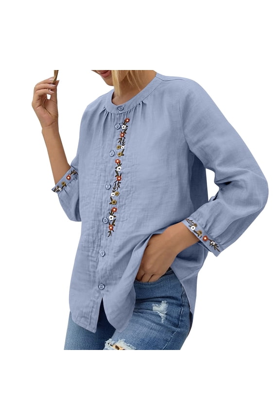 Women's Tops, Tees & Blouses Casual Loose Cotton Linen V Neck Roll Up 3/4 Sleeve Button Down Blouse Summer Tops