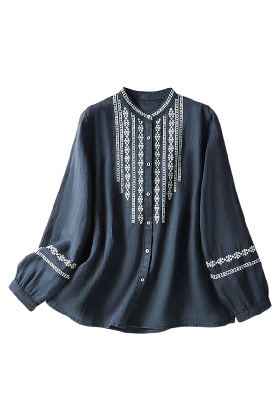 Women's Tops, Tees & Blouses Casual Retro Ethnic Style Embroidery Loose Long Sleeved Tunic Plus Size Blouse