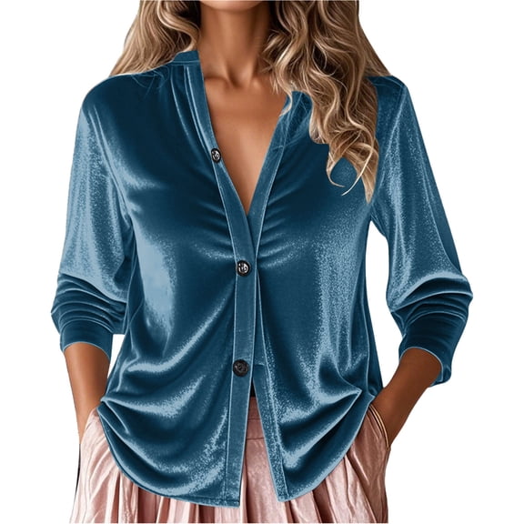 Women's Tops, Tees & Blouses Casual Velvet Long Sleeve Button Down Shirts Tee Elegant V Neck Dressy Work Blouse,Blue,2XL