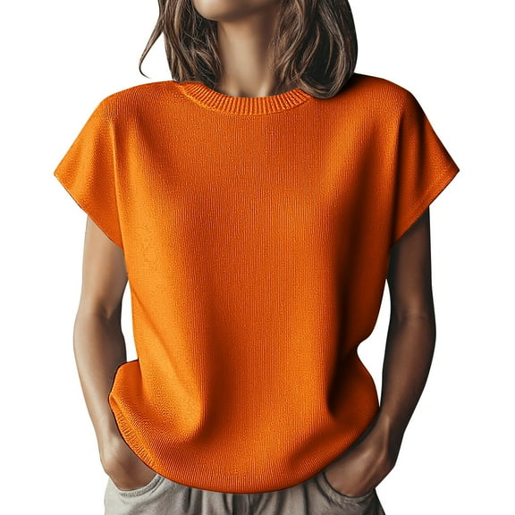 Women's Tops, Tees & Blouses, Comdrip Women's Knit Short Sleeve Top Soft Stretchy Crew Neck Blouse Casual Versatile T Shirt for Daily Wear Casual Tops for Women orange XL