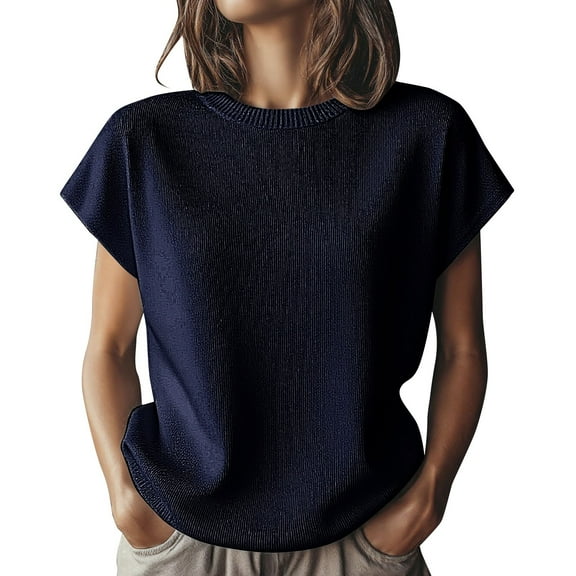 Women's Tops, Tees & Blouses, Comdrip Women's Knit Short Sleeve Top Soft Stretchy Crew Neck Blouse Casual Versatile T Shirt for Daily Wear Casual Tops for Women Dark Blue XL