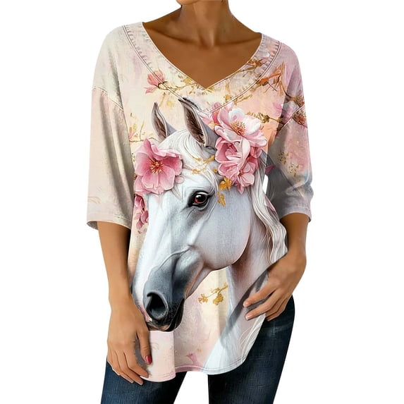 Women's Tops, Tees & Blouses Cotton,Horses Lover Shirt for Women Horse Racing Tops Tshirt Funny 3/4 Sleeve T-Shirt Casual Animal Graphic Tees