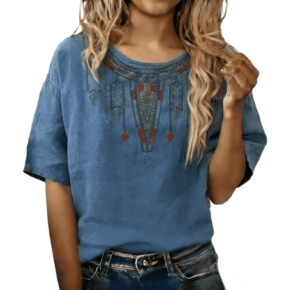 Women's Tops, Tees & Blouses Ethnic Style Embroidered Red Loose Fit Short Sleeve T Shirt Womens Fashion Clothing