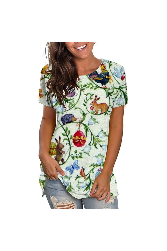 Women's Tops, Tees & Blouses Fashion Easter Printed Short Sleeve Crop Tops for Women,Green,2XL
