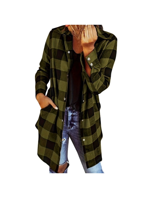 Women's Tops, Tees & Blouses Flannel Plaid Button Down Pocket Shacket Long Sleeve Womens Spring Summer Shirts