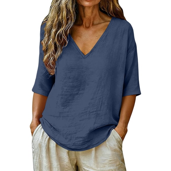 Women's Tops, Tees & Blouses Linen Tops For Plus Size Summer Gauzy Shirts Mid Length Sleeve V Neck Blouses Casual Loose Clothes Cute Summer Tops1 PC