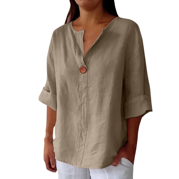 Women's Tops, Tees & Blouses Linen V Neck Half Sleeve Button Up Loose Summer Tops