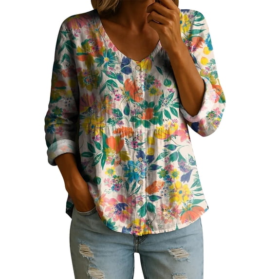 Women's Tops, Tees & Blouses Long Sleeve Full Print Bubble Wrinkled Retro Art Button Down Breathable Shirts Business Casual Tops for Women bovemsi