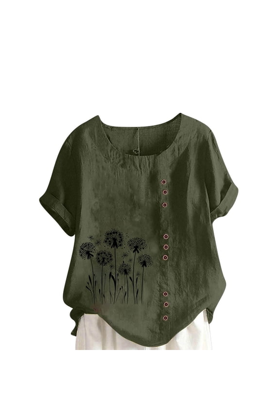 Women's Tops, Tees & Blouses Petite,Women Floral Print Linen Shirts Short Sleeve Gauze Tops Loose Fit Cotton Blouses Trendy 2026 Clothing