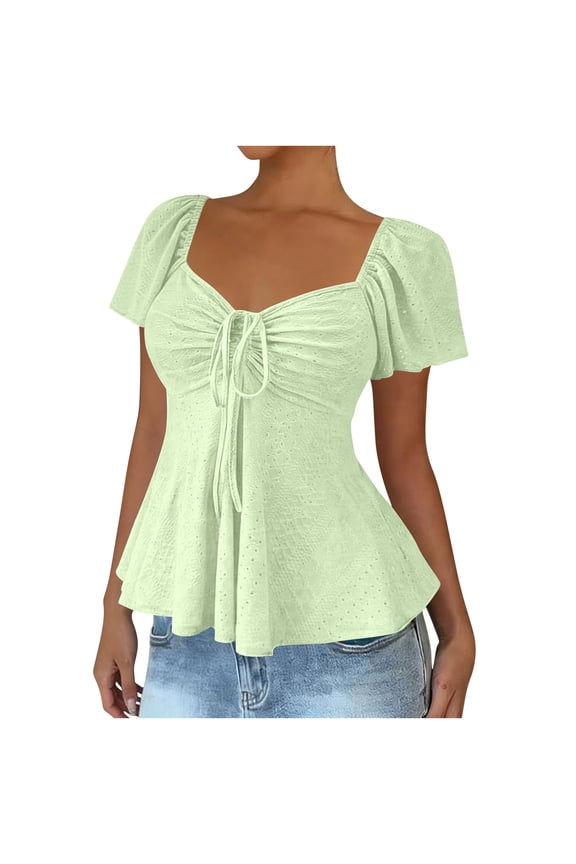 Women's Tops, Tees & Blouses Petite,Women's Eyelet Embroidery Sweetheart Neck Drawstring Ruffle Short Sleeve T Shirt Tops
