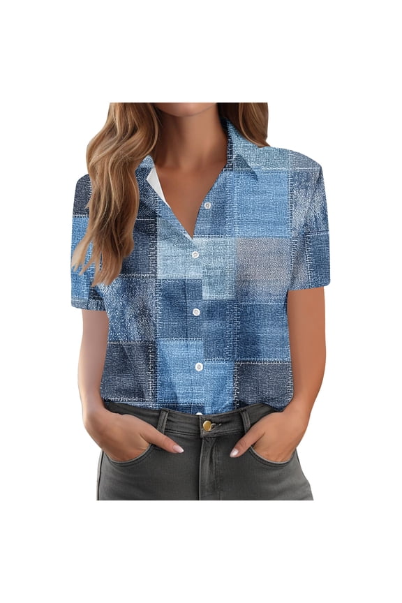 Women's Tops, Tees & Blouses Petite,Womens Button Down Shirts Short Short Sleeve Summer Cotton V Neck Collared Blouses Casual Plaid Tops
