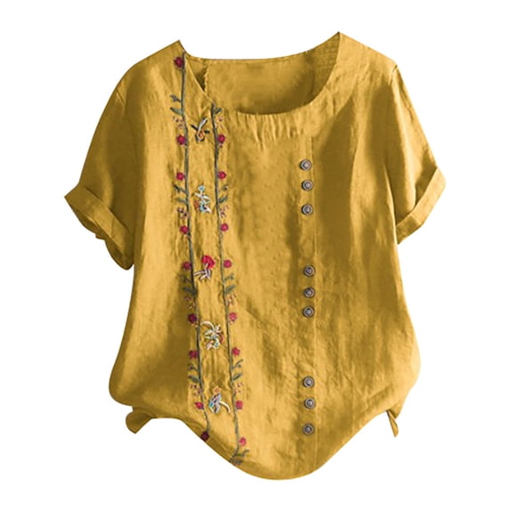 Women's Tops, Tees & Blouses Plus Size Bohemian Floral Embroidered Shirt Short Sleeves Top Blouse Womens Fashion Clothing