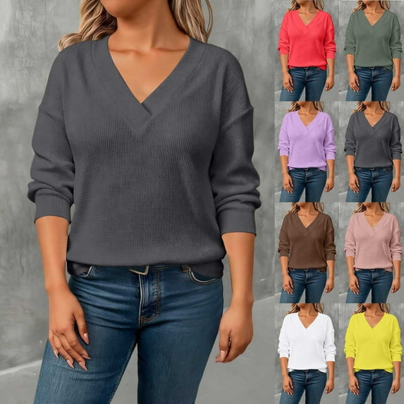 Women's Tops, Tees & Blouses Plus Size V-Neck Long Sleeve Womens Tops Women's Solid Color T-Shirt Casual Fashionable Loungewear Tops