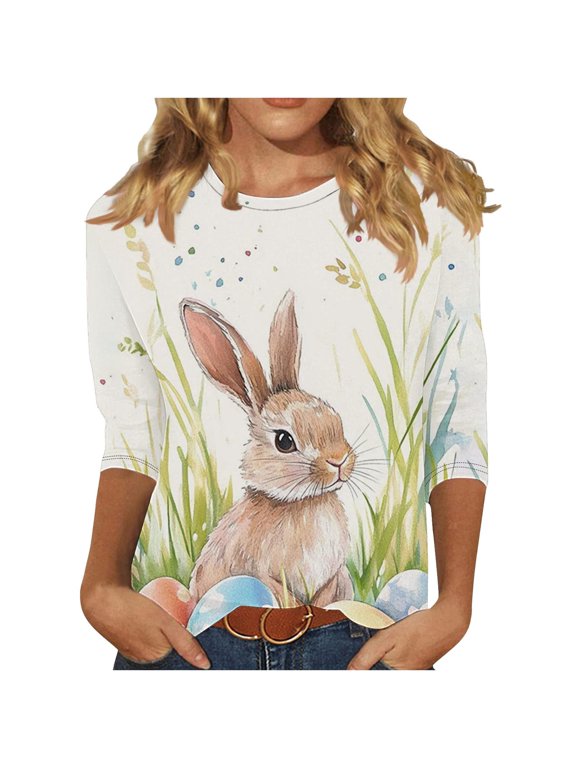 Women's Tops, Tees & Blouses Plus Size,Women's Happy Easter Shirt 3/4 Sleeve Funny Tops Rabbit Graphic Colored Eggs Print Tee T-Shirts Easter Day Gifts