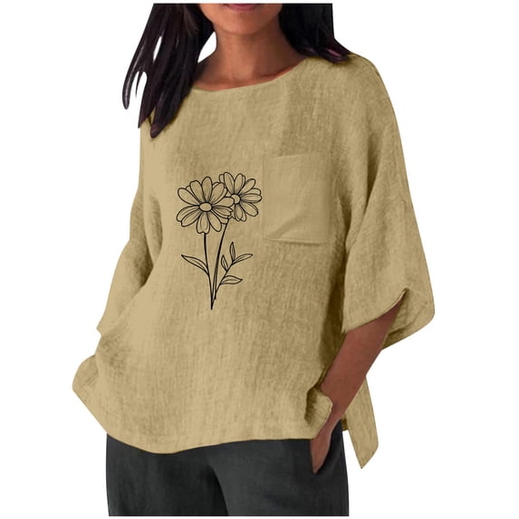 Women's Tops, Tees & Blouses Plus Size,Womens Cotton Linen 3/4 Sleeve Tops Vintage Floral Printed Boho T Shirt Wildflower Graphic Loose Casual Pocket Tops