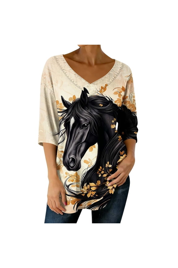 Women's Tops, Tees & Blouses Plus Size,Womens Tops Horse Printed 3/4 Sleeve Western Vintage 3D Graphic T Shirts Vneck Funny Gift Shirts Equestrian Cowgirl Blouse