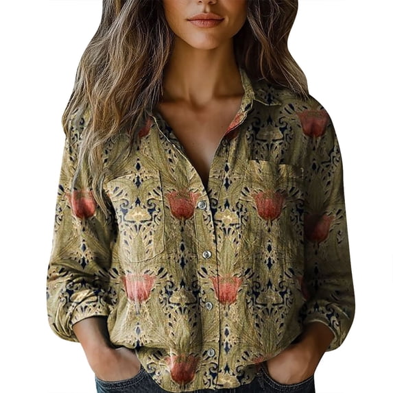 Women's Tops, Tees & Blouses Printed Cotton Long Sleeve Button Down Womens Spring Summer Shirts