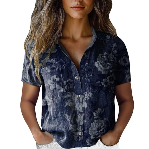 Women's Tops, Tees & Blouses Printed Cotton Short Sleeve Button Down Womens Spring Summer Shirts
