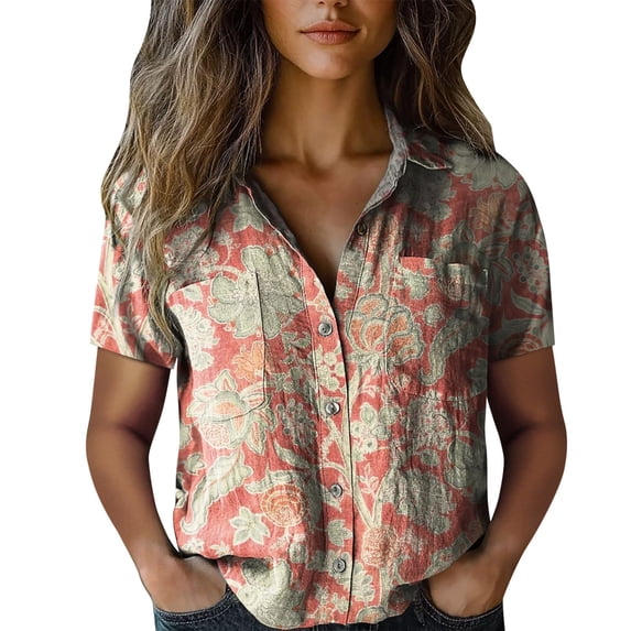 Women's Tops, Tees & Blouses Printed Cotton Short Sleeve Button Down Womens Spring Summer Shirts