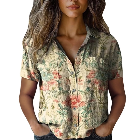 Women's Tops, Tees & Blouses Printed Cotton Short Sleeve Button Down Womens Spring Summer Shirts