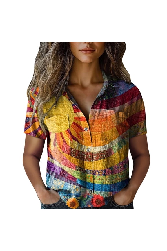Women's Tops, Tees & Blouses Printed Cotton Short Sleeve Button Down Womens Spring Summer Shirts