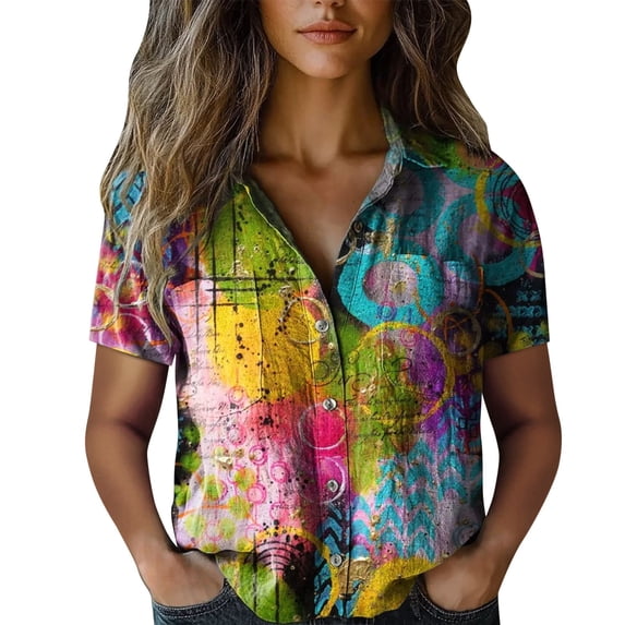 Women's Tops, Tees & Blouses Printed Cotton Short Sleeve Button Down Womens Spring Summer Shirts