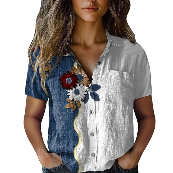 Women's Tops, Tees & Blouses Printed Cotton Short Sleeve Button Down Womens Spring Summer Shirts