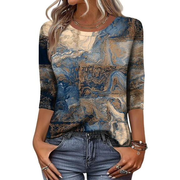 Women's Tops, Tees & Blouses Round Neck 3/4 Length Sleeve Womens Tops with Abstract Print Loose Fit Comfortable Fall Blouse Blue 3XL
