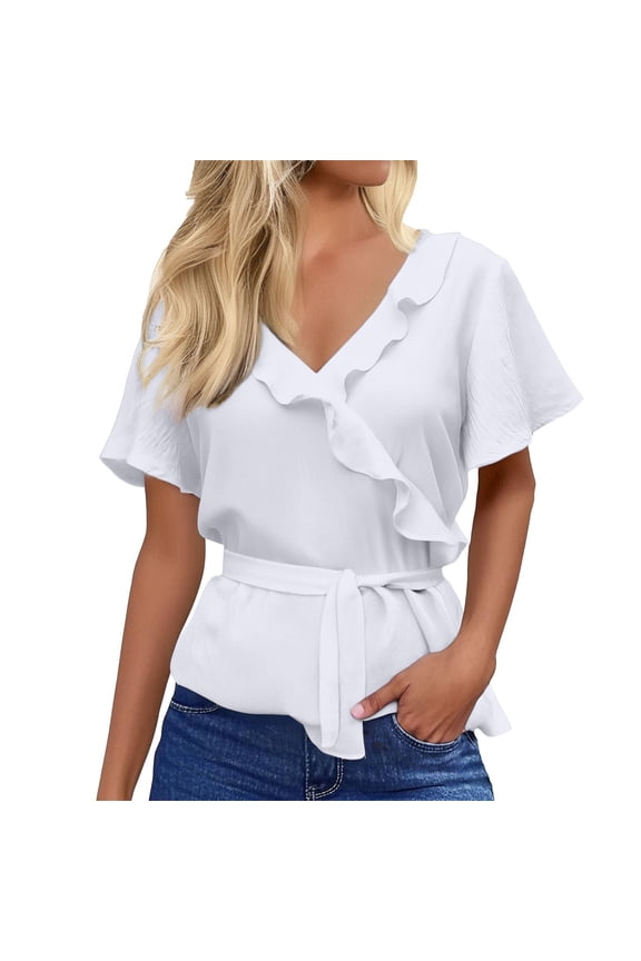 Women's Tops, Tees & Blouses Ruffle Wrap V Neck Tie Waist Peplum Work Womens Spring Summer Shirts