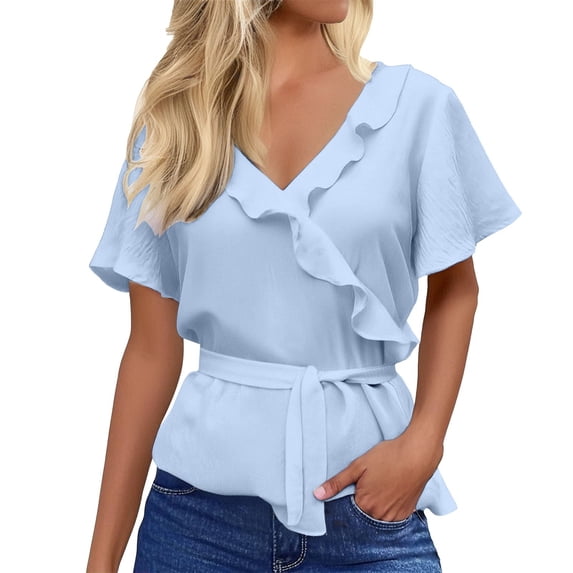 Women's Tops, Tees & Blouses Ruffle Wrap V Neck Tie Waist Peplum Work Womens Spring Summer Shirts