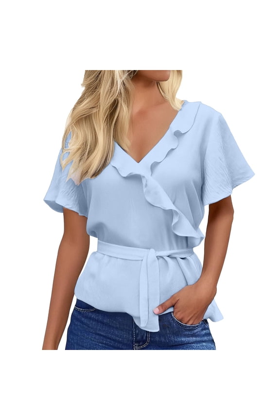 Women's Tops, Tees & Blouses Ruffle Wrap V Neck Tie Waist Peplum Work Womens Spring Summer Shirts